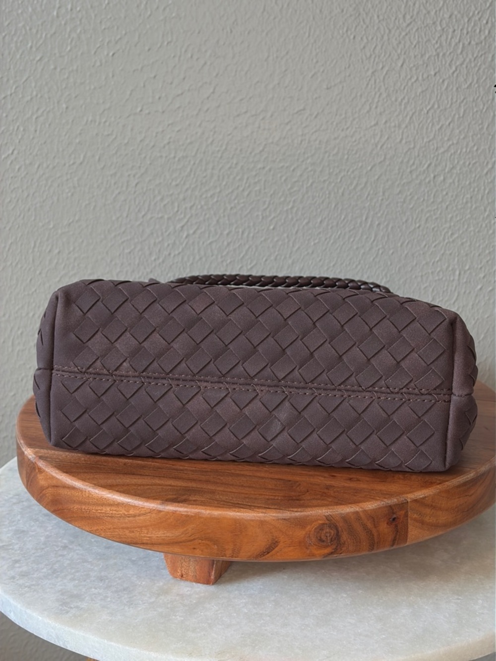 Brown Woven Vegan Suede Top Handle Crossbody Satchel Bag Gold Knot Accent - Picture 4 of 5